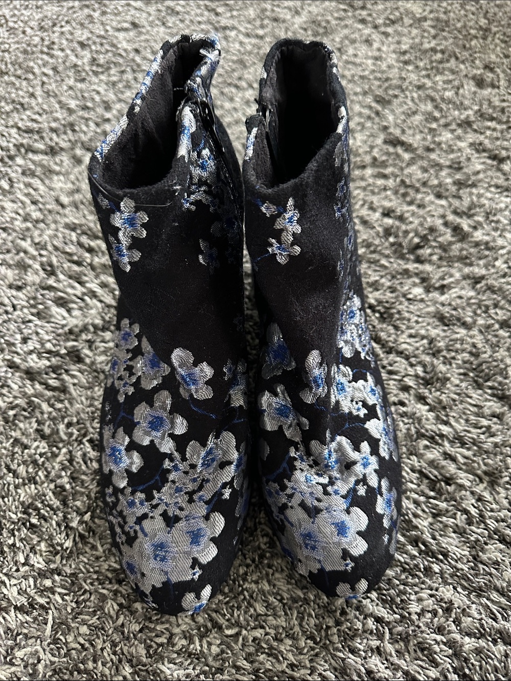 SO Black Ankle Boots with Silver and Blue Floral Embroidery